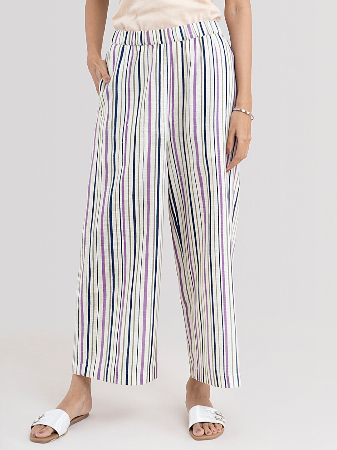 

Pink Fort Women Cream-Coloured & Violet Striped Knitted Palazzos