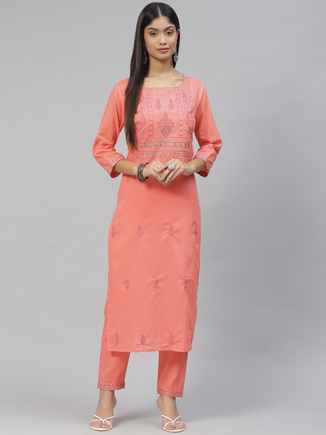 

Ramas Women Peach-Coloured Yoke Design Pure Cotton Kurta with Trousers