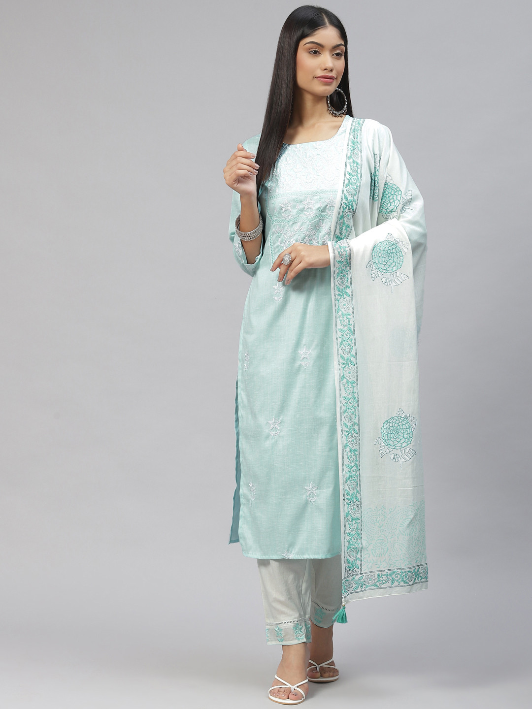 

Ramas Women Turquoise Blue Ethnic Motifs Yoke Design Pure Cotton Kurta with Trousers & With Dupatta