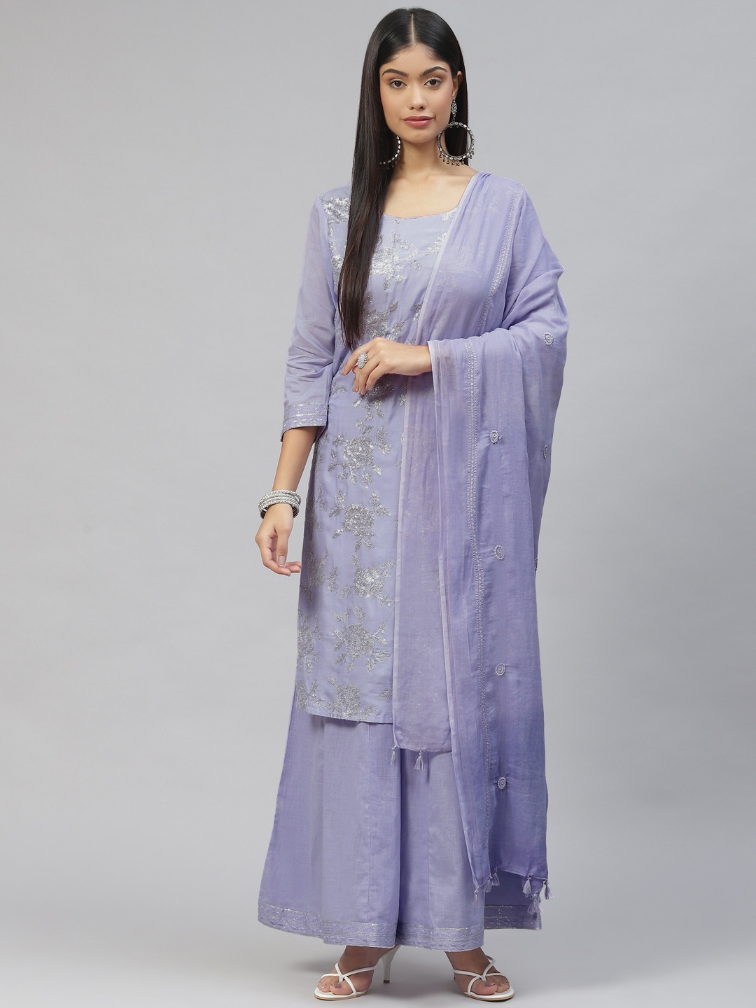 

Ramas Women Lavender Floral Sequinned Pure Silk Kurta with Palazzos & With Dupatta