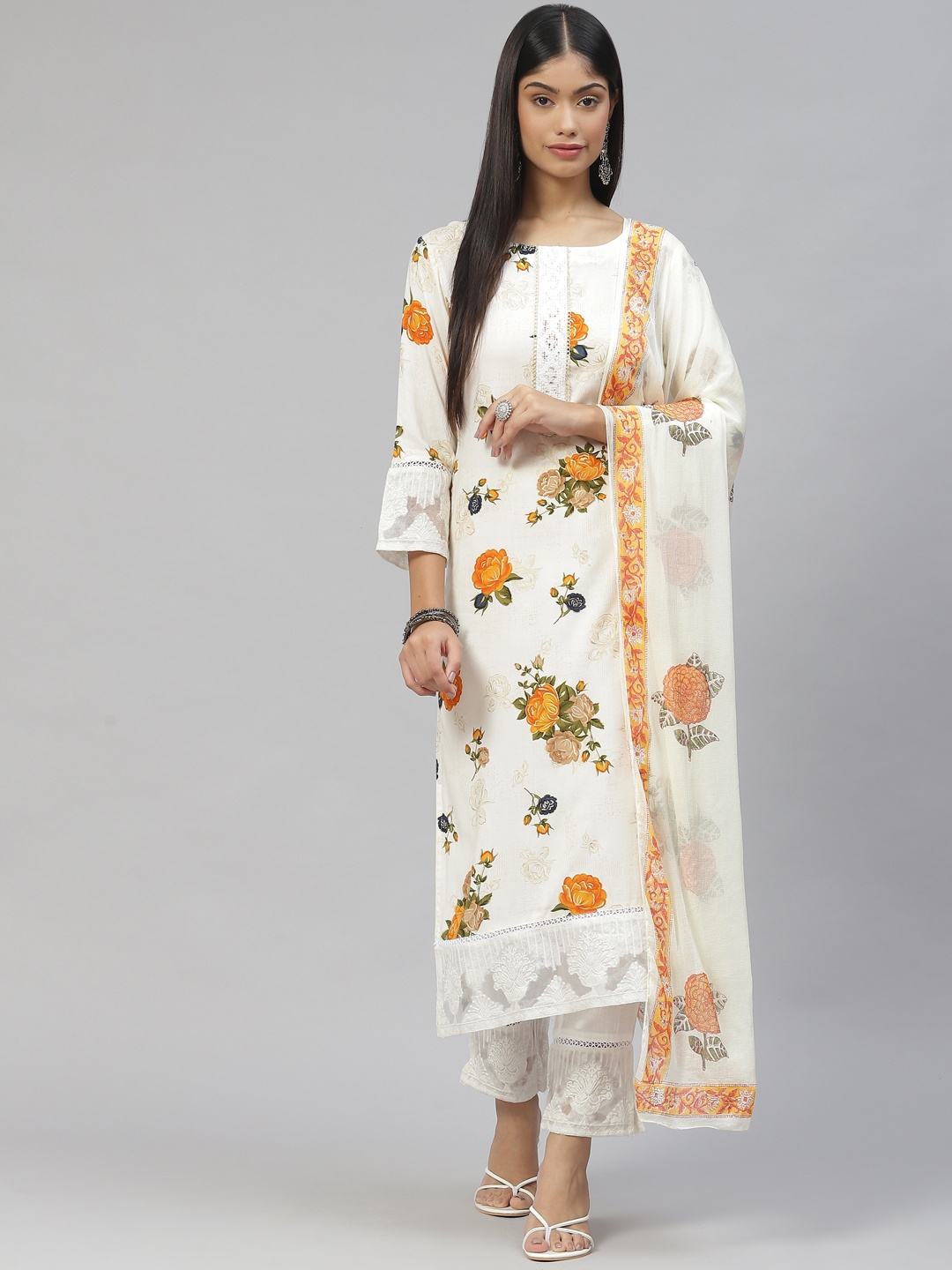 

Ramas Women White Floral Printed Kurta with Trousers & With Dupatta