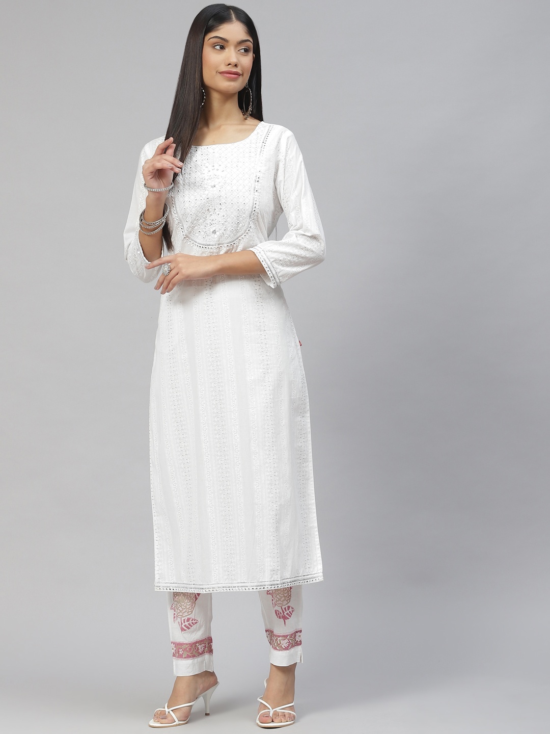 

Ramas Women White Yoke Design Thread Work Pure Cotton Kurta with Trousers