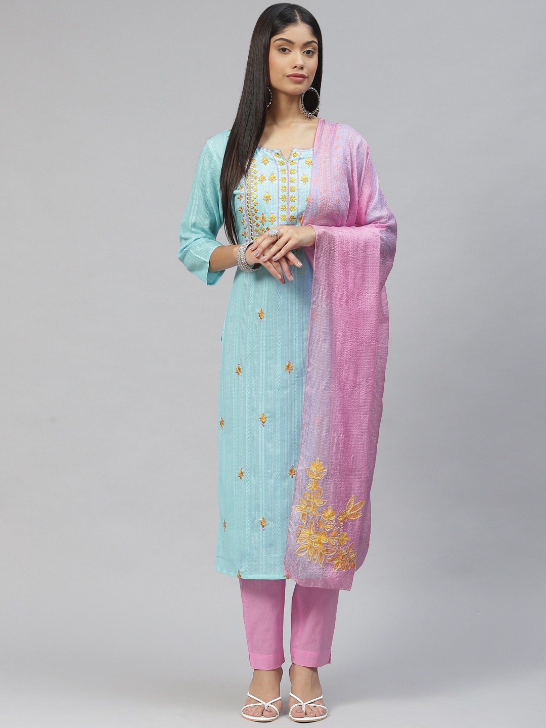 

Ramas Women Turquoise Blue Floral Embroidered Pure Cotton Kurta with Trousers & With Dupatta