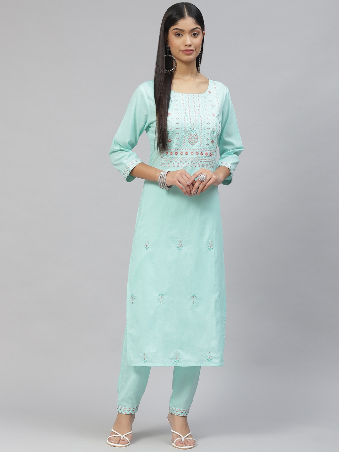 

Ramas Women Turquoise Blue Floral Yoke Design Pure Cotton Kurta with Trousers