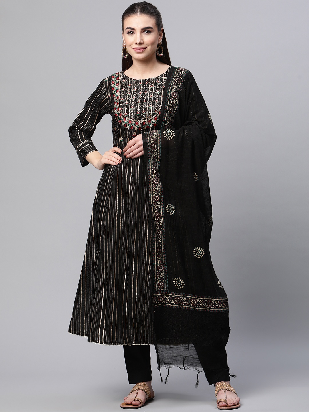 

Ramas Women Black Ethnic Motifs Embroidered Pure Silk Kurta with Trousers & With Dupatta