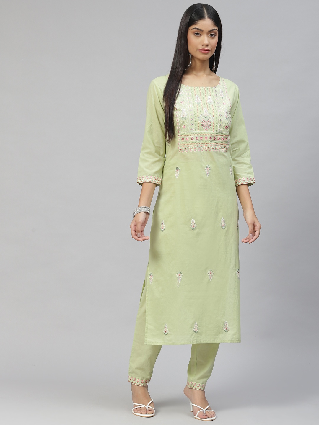 

Ramas Women Green Floral Yoke Design Pure Cotton Kurta with Trousers