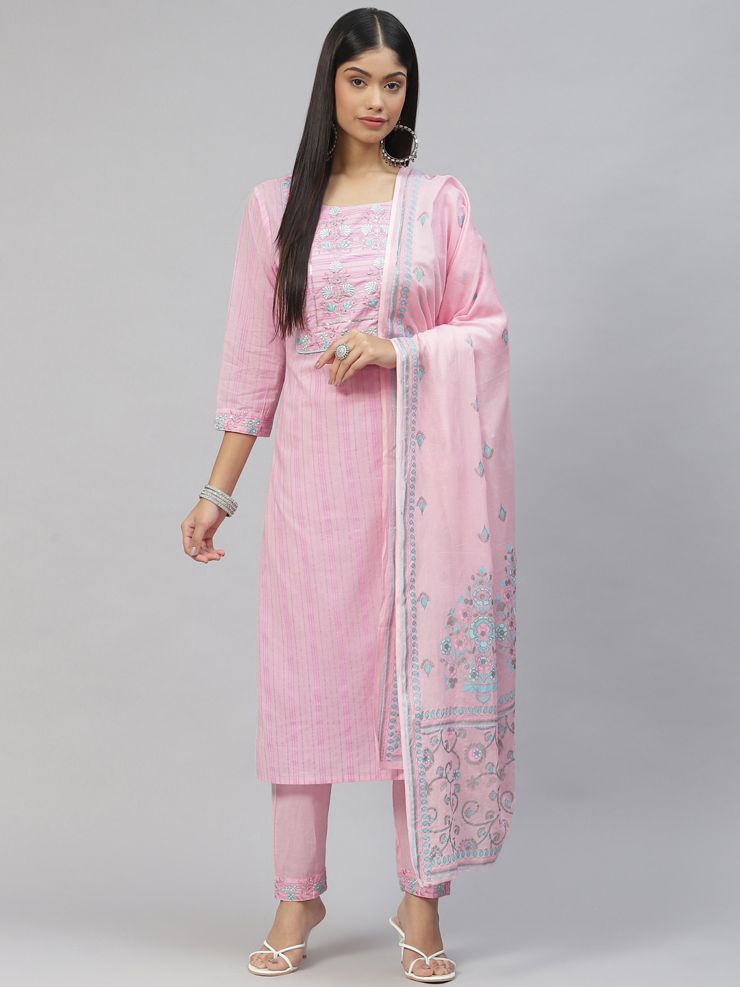 

Ramas Women Pink Floral Yoke Design Sequinned Pure Cotton Kurta with Trousers & With Dupatta