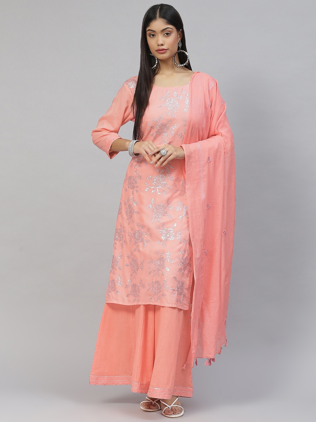 

Ramas Women Peach-Coloured Floral Embroidered Sequinned Pure Silk Kurta with Palazzos & With Dupatta