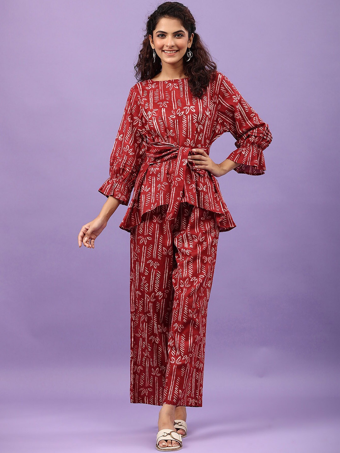 

JISORA Women Maroon Printed Pure Cotton Ethnic Co-Ords