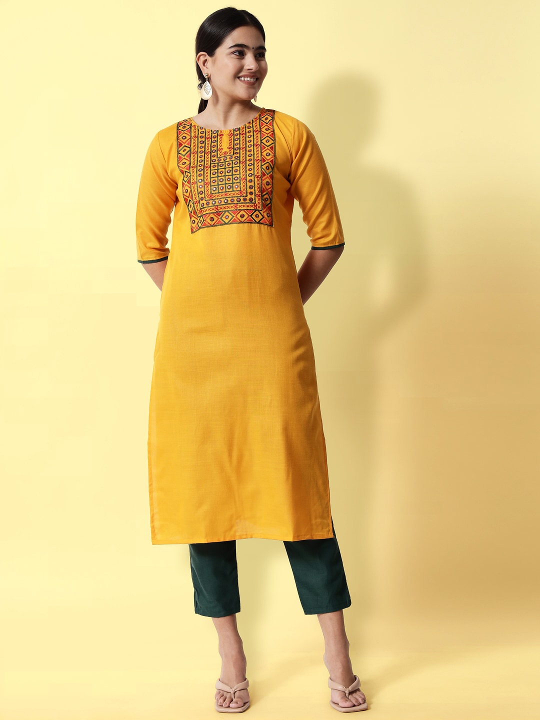 

VredeVogel Women Yellow Yoke Design Pure Cotton Kurta with Trousers