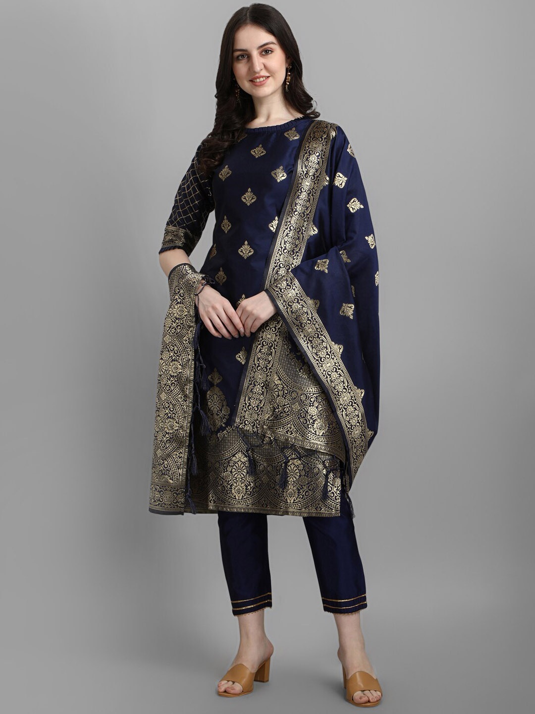 

VredeVogel Women Navy Blue Ethnic Motifs Printed Kurta with Trousers & With Dupatta