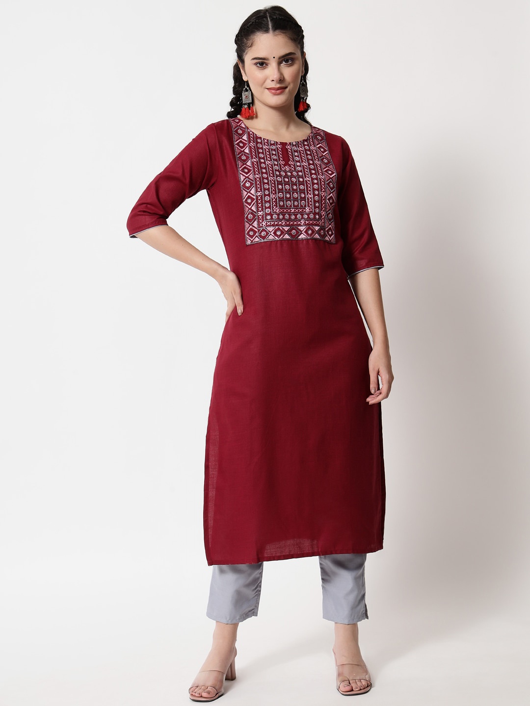 

VredeVogel Women Maroon Yoke Design Pure Cotton Kurta with Trousers