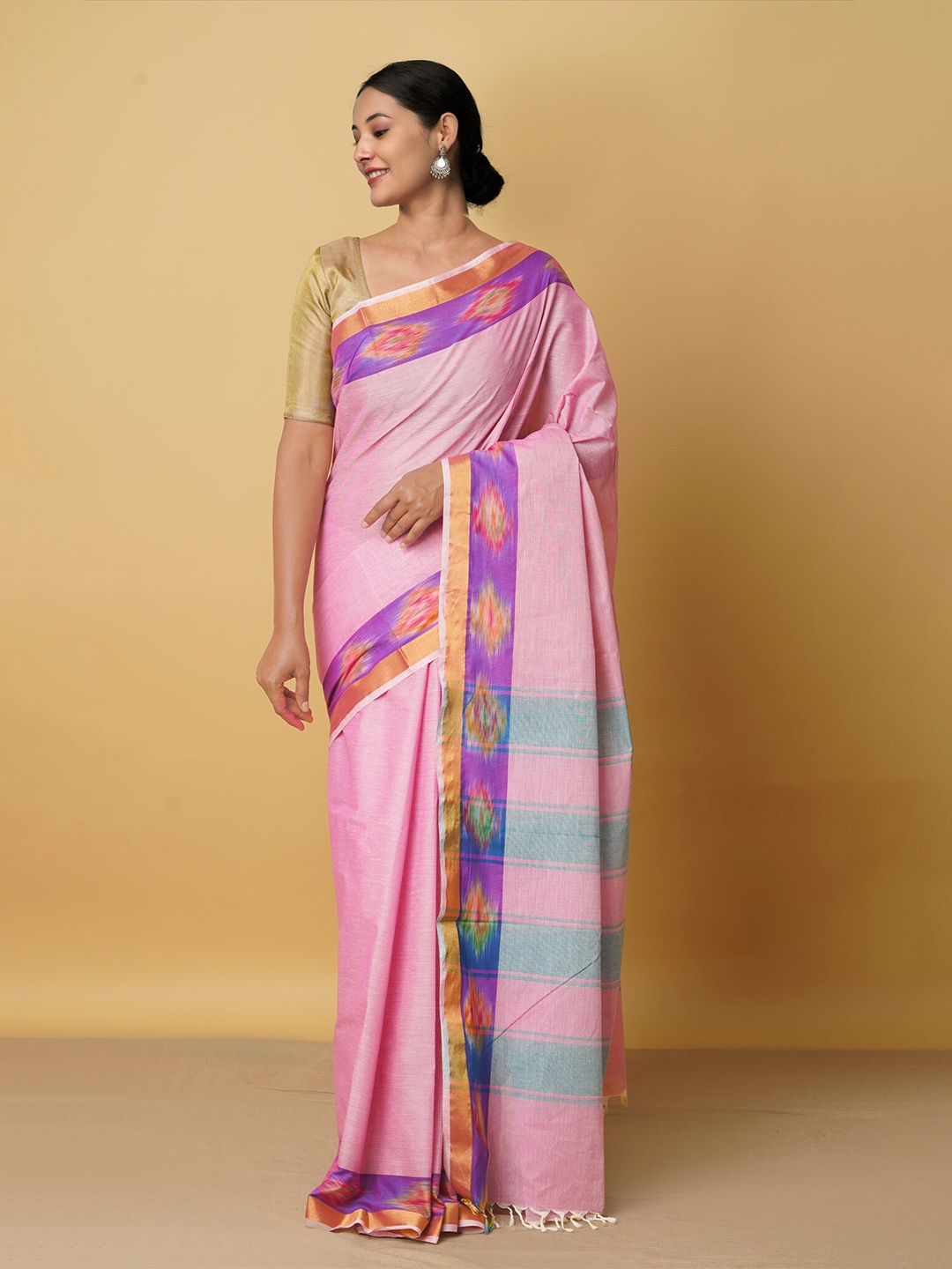 

Unnati Silks Pink & Purple Zari Pure Cotton Chettinad Saree