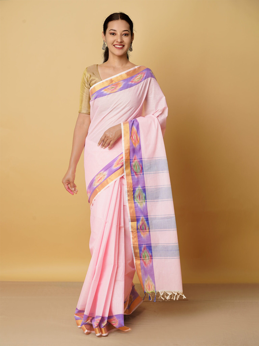 

Unnati Silks Pink & Blue Zari Pure Cotton Chettinad Saree