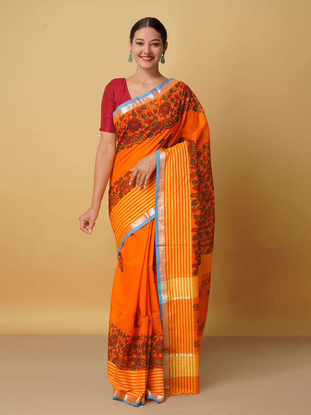 

Unnati Silks Orange & Blue Floral Zari Pure Cotton Mangalagiri Saree