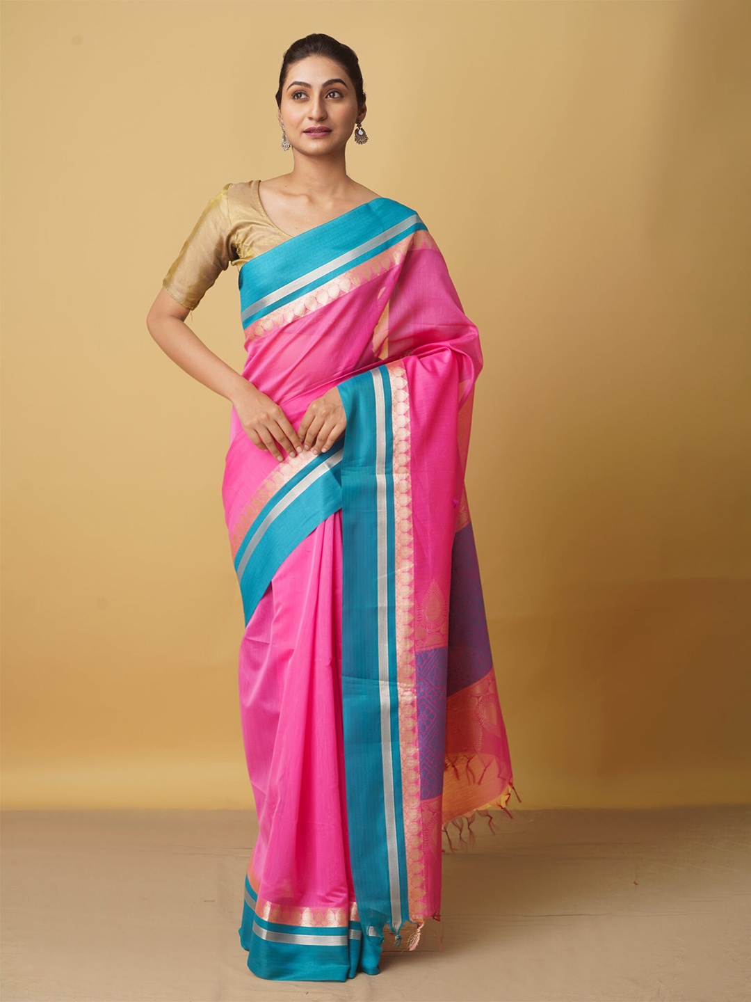 

Unnati Silks Pink & Blue Zari Art Silk Chanderi Saree