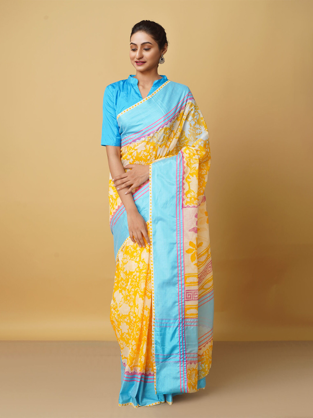 

Unnati Silks Orange & Blue Floral Pure Cotton Kota Saree