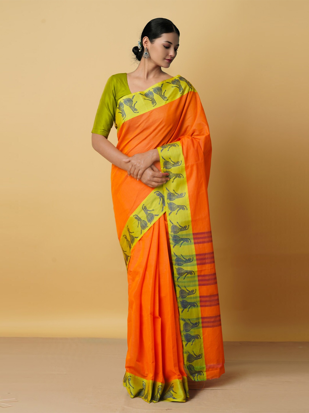 

Unnati Silks Orange & Green Pure Cotton Venkatgiri Saree