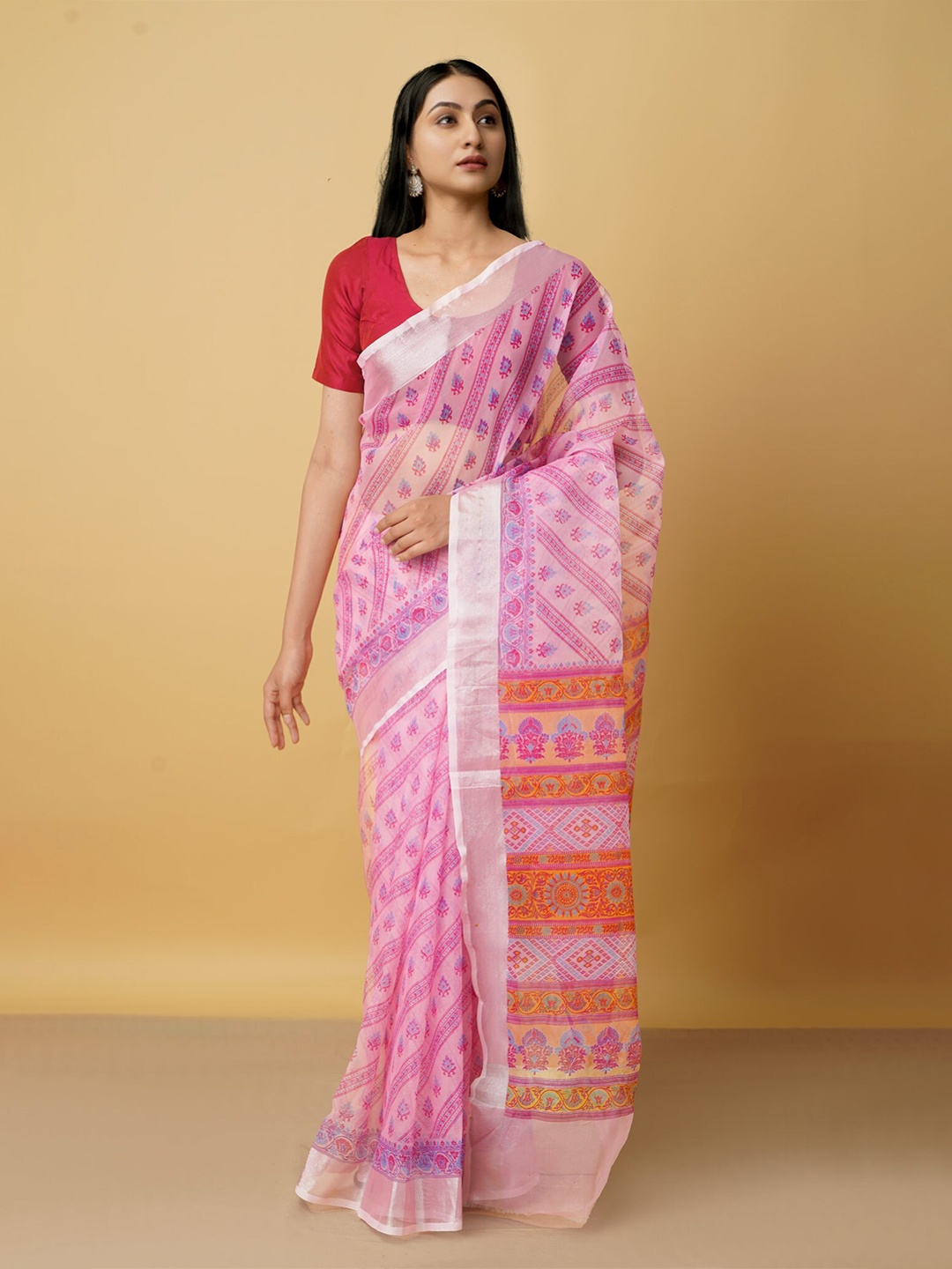 

Unnati Silks Pink & Silver-Toned Ethnic Motifs Zari Organza Saree