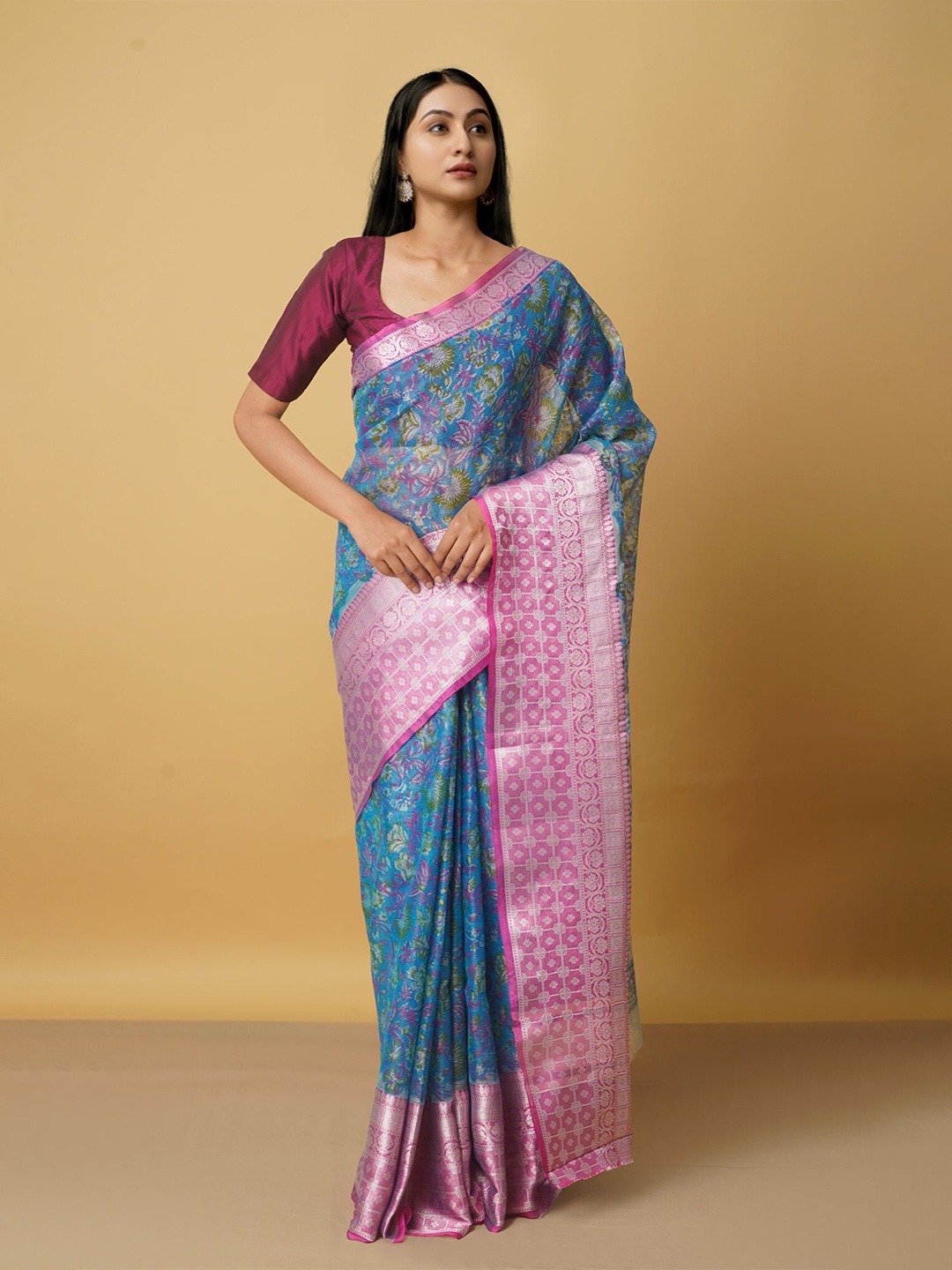 

Unnati Silks Blue & Silver-Toned Floral Tissue Banarasi Saree