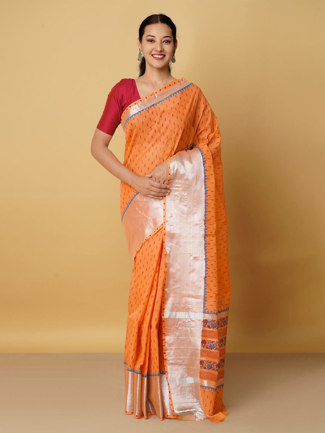

Unnati Silks Orange & Red Ethnic Motifs Zari Pure Cotton Chettinad Saree