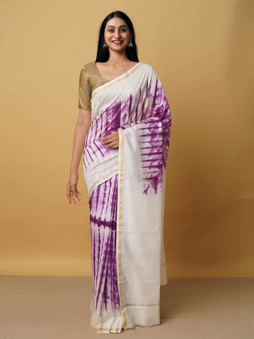 

Unnati Silks Cream-Coloured & Purple Tie and Dye Zari Silk Cotton Chanderi Saree