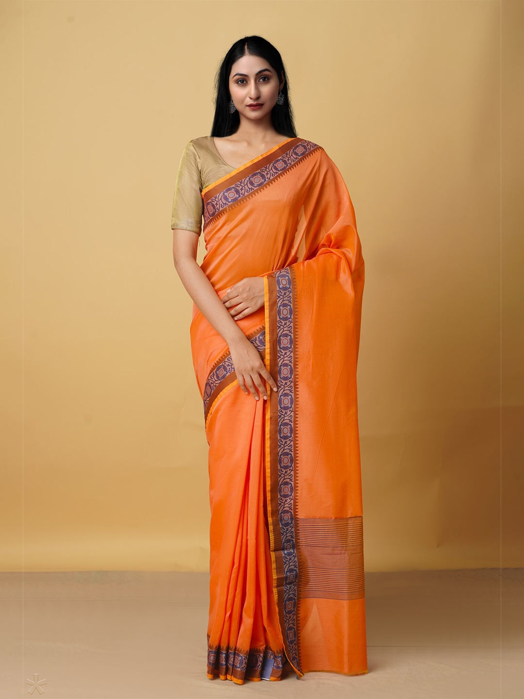 

Unnati Silks Orange & Violet Pure Cotton Venkatgiri Saree