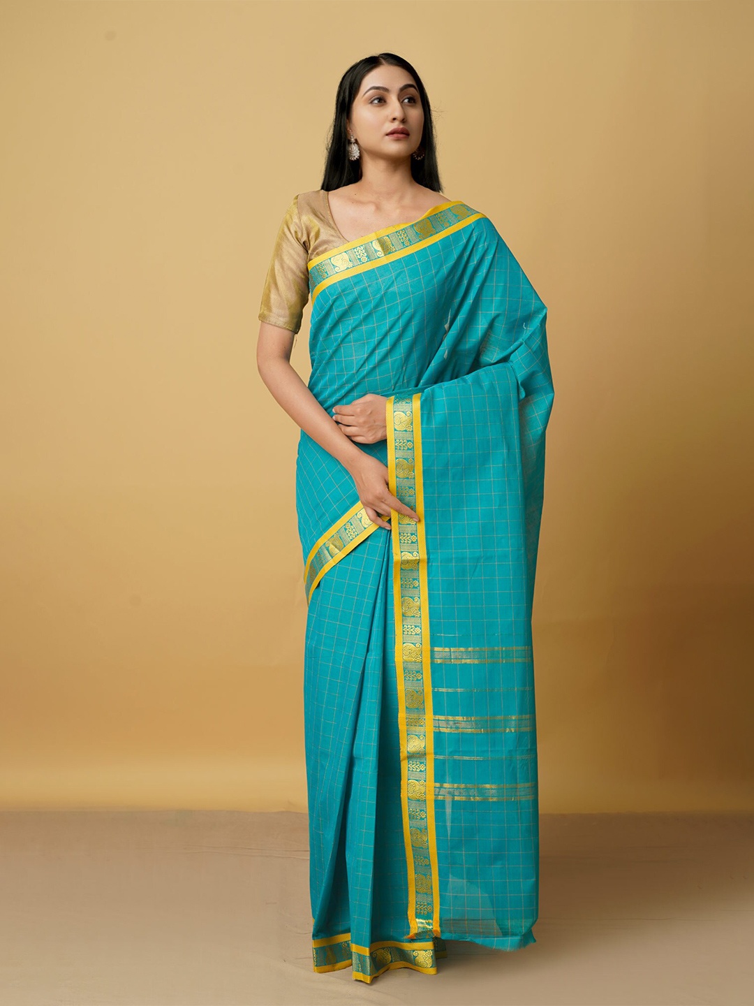 

Unnati Silks Blue & Yellow Checked Zari Pure Cotton Venkatgiri Saree