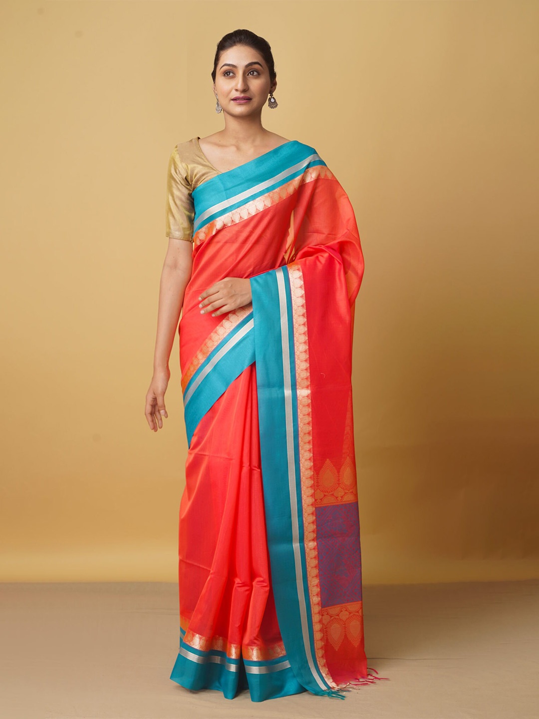 

Unnati Silks Orange & Blue Zari Art Silk Chanderi Saree