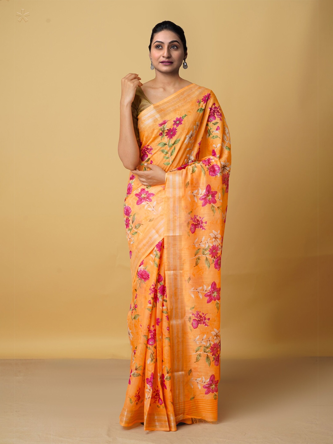 

Unnati Silks Orange & Pink Floral Art Silk Block Print Saree