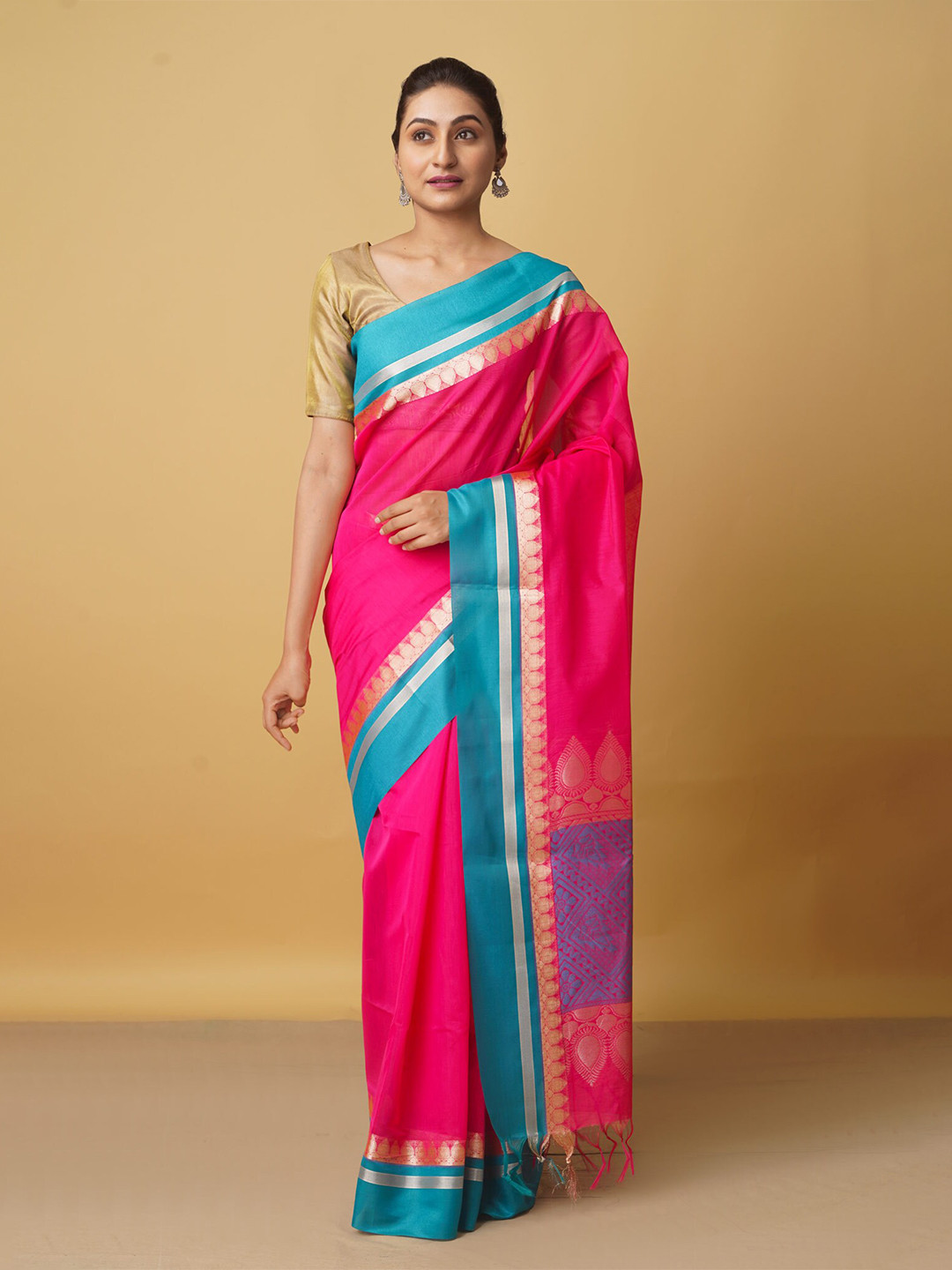 

Unnati Silks Pink & Blue Zari Art Silk Chanderi Saree