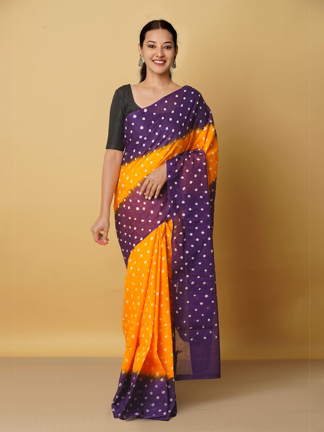 

Unnati Silks Yellow & Purple Bandhani Pure Cotton Bandhani Saree