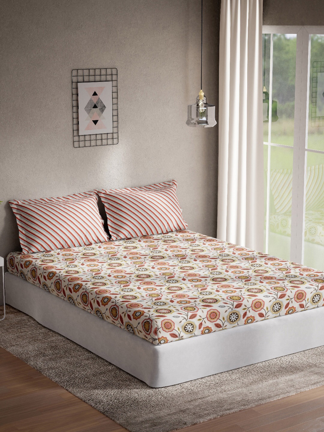 

DDecor Red & White Geometric 144 TC King Bedsheet with 2 Pillow Covers