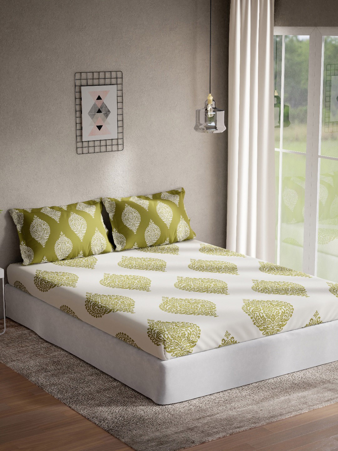 

DDecor Green & White Ethnic Motifs 144 TC King Bedsheet with 2 Pillow Covers
