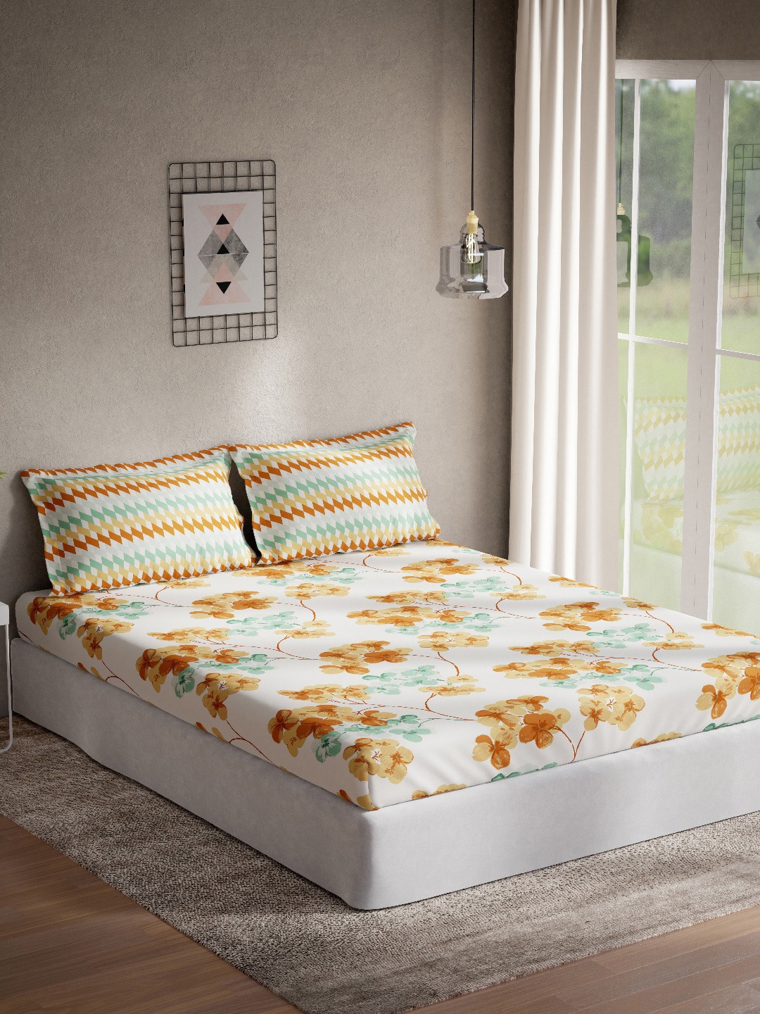 

DDecor Orange & White Floral 144 TC King Bedsheet with 2 Pillow Covers