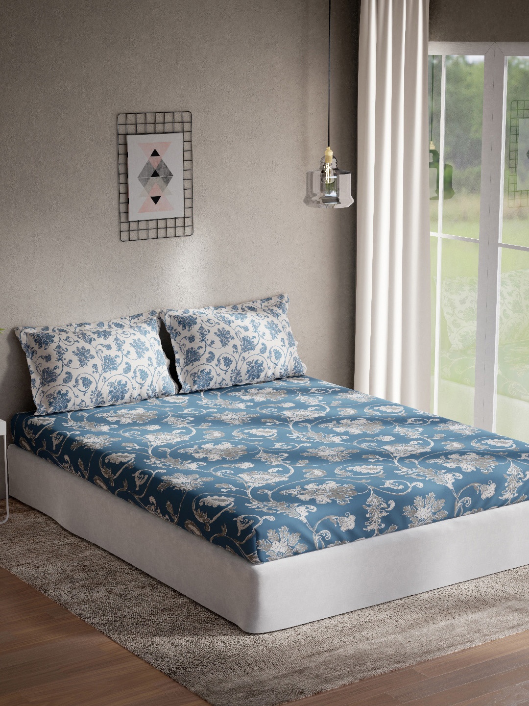 

DDecor Blue & Grey Floral 144 TC King Bedsheet with 2 Pillow Covers