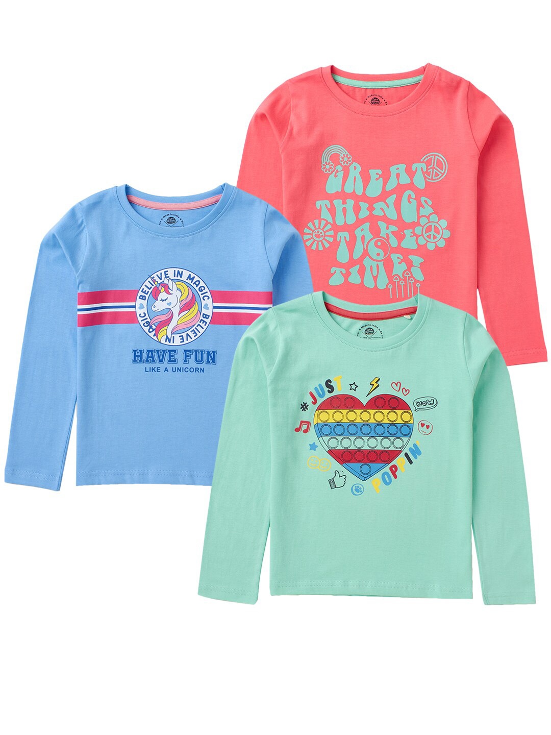 

Cub McPaws Girls Cotton Blue & Green Pack of 3 Printed T-shirts