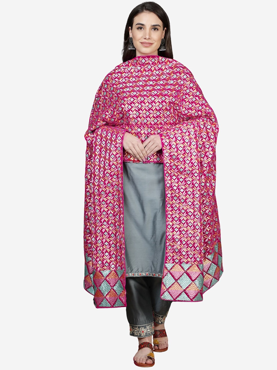 

Moda Chales Women Pink & Blue Phulkari Embroidered Velvet Shawl