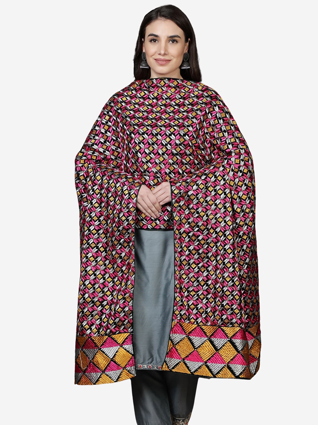 

Moda Chales Women Phulkari Embroidered Velvet Shawl, Pink