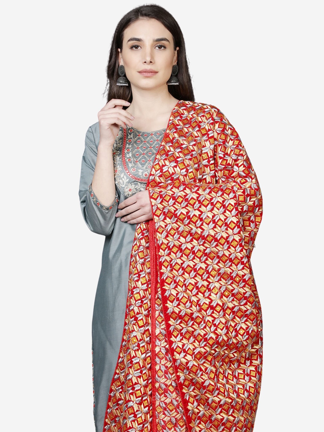 

Moda Chales Women Red & Gold-Toned Phulkari Embroidered Velvet Shawl