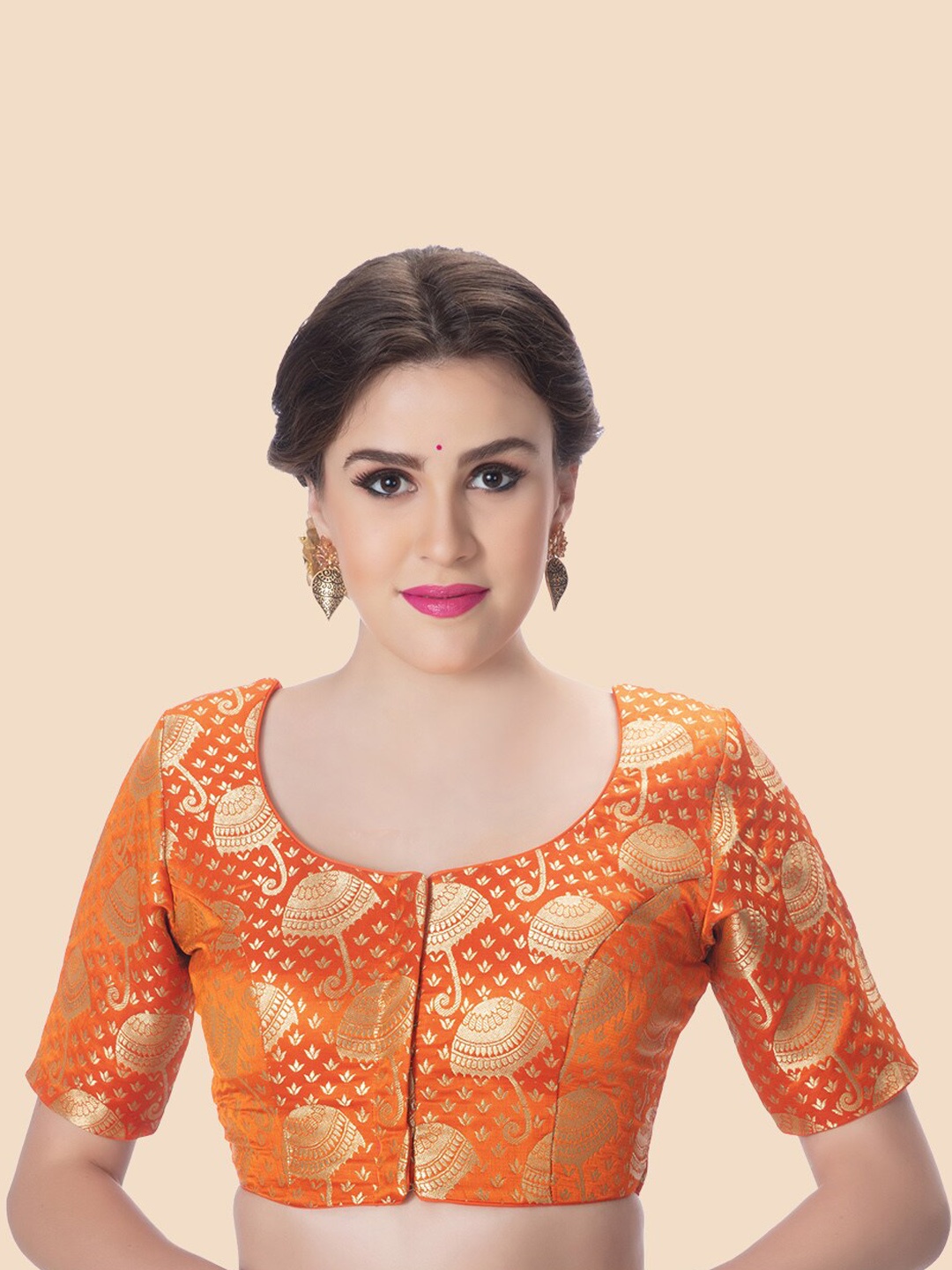 

Neckbook Orange & Gold-Toned Brocade Padded Readymade Saree Blouse