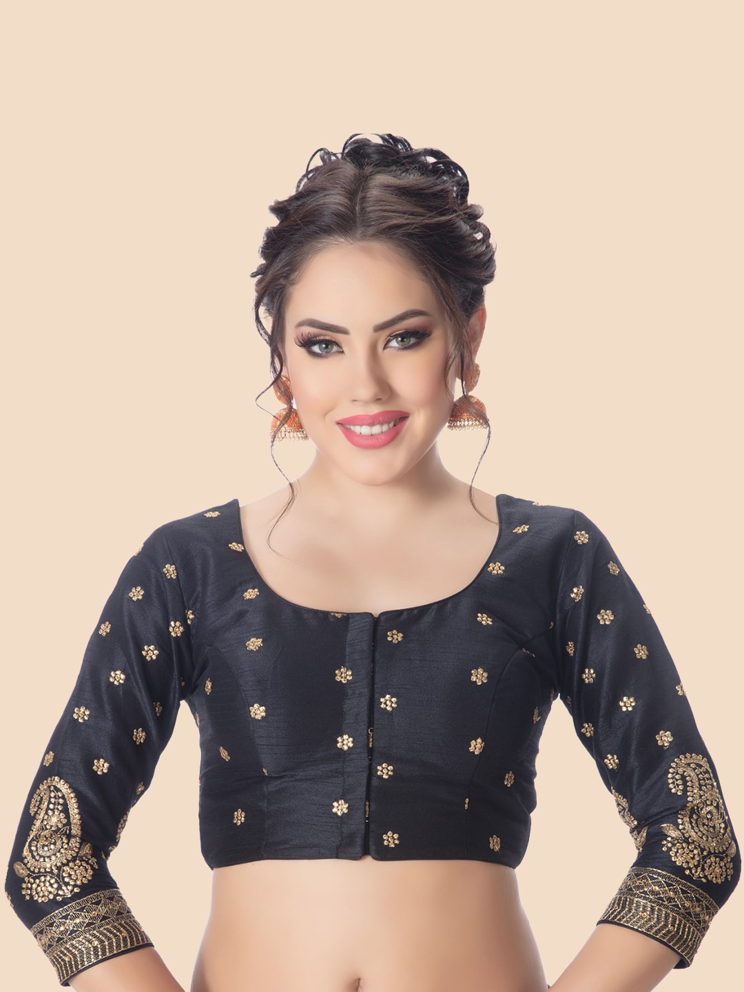 

Neckbook Black & Gold-Toned Embroidered Princess Cut Padded Readymade Saree Blouse