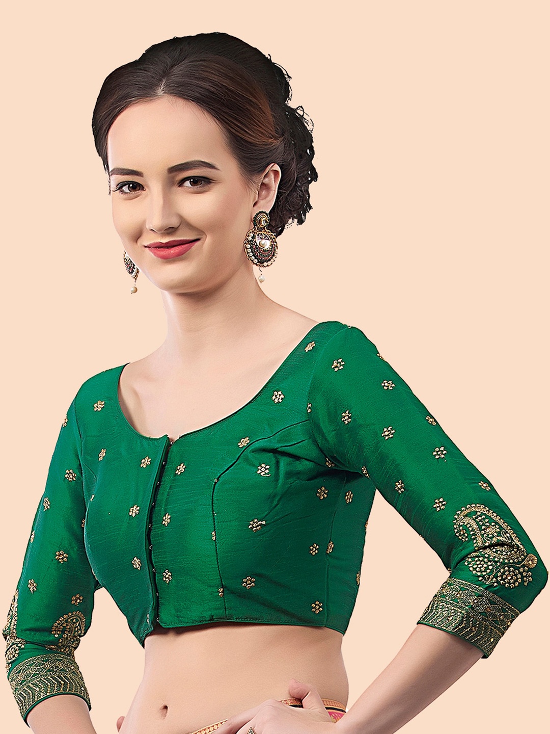 

Neckbook Green & Gold-Toned Embroidered Padded Princess Cut Readymade Saree Blouse