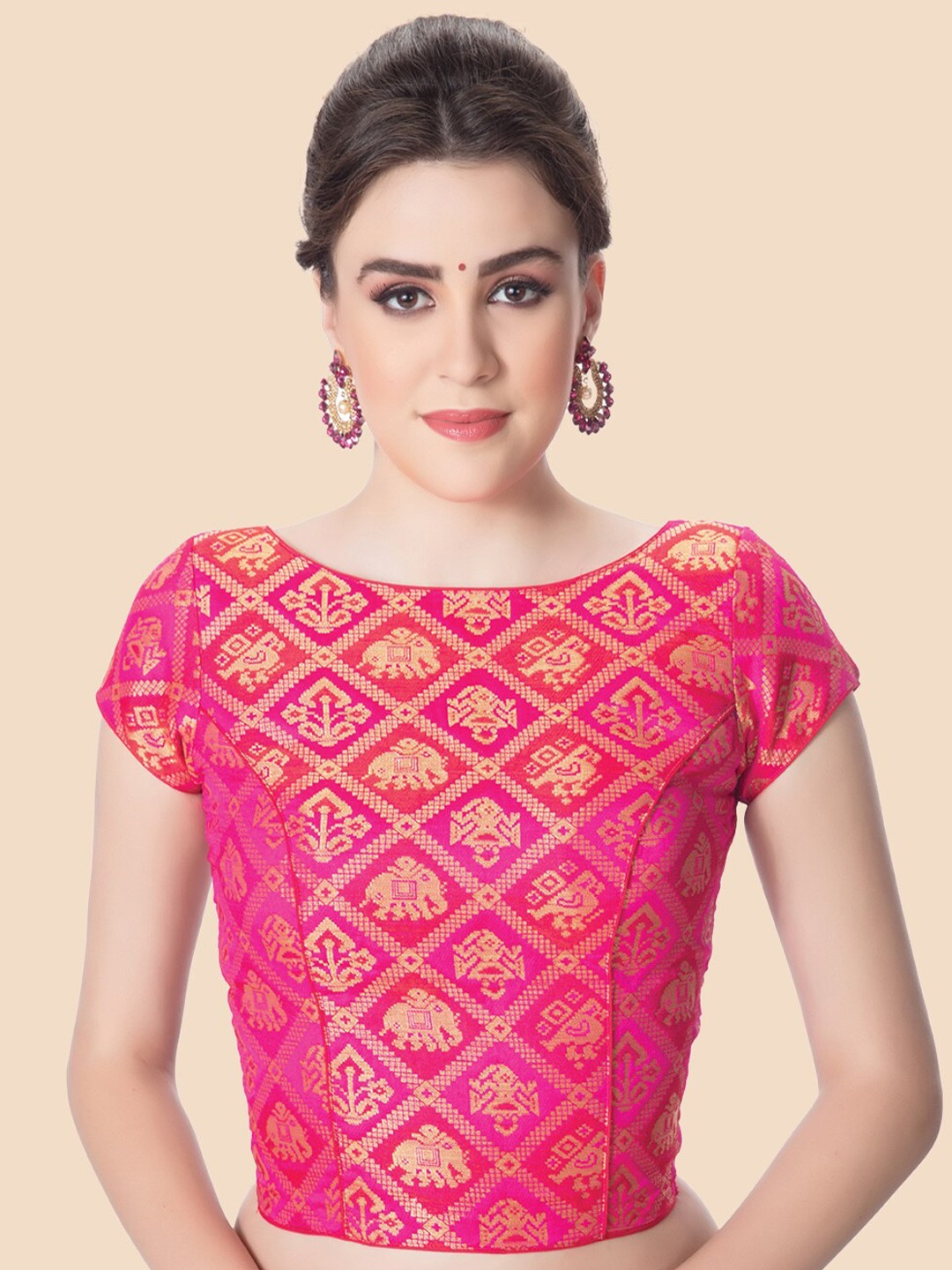 

Neckbook Pink & Gold-Toned Brocade Padded Princess Cut Readymade Saree Blouse