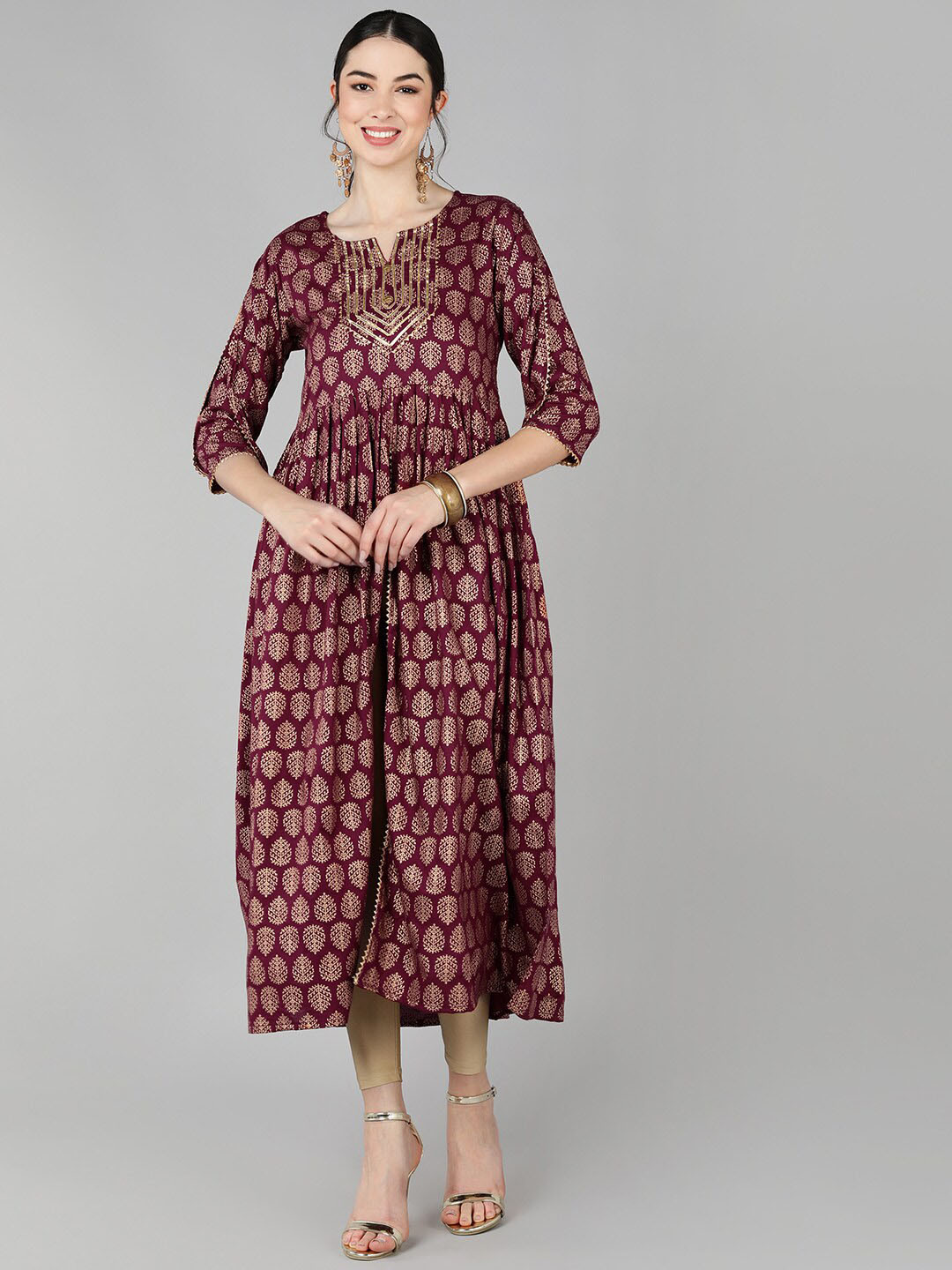 

Jaipur Folk Women Maroon & Gold-Toned Ethnic Motifs Printed Anarkali Kurta
