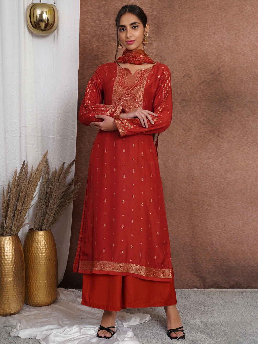 

Stylee LIFESTYLE Rust & Beige Pure Silk Unstitched Dress Material