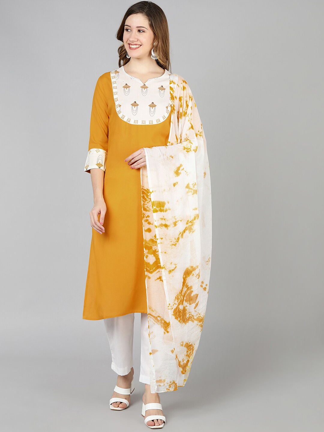 

Jaipur Folk Women Yoke Design Kurta with Trousers & With Dupatta, Mustard