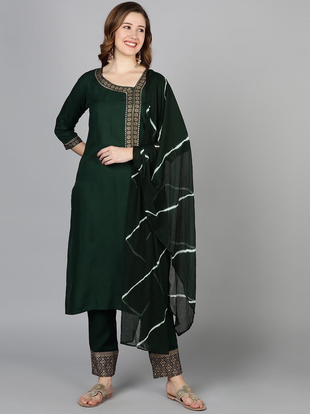 

Jaipur Folk Women Yoke Design Kurta with Trouser & With Dupatta, Green