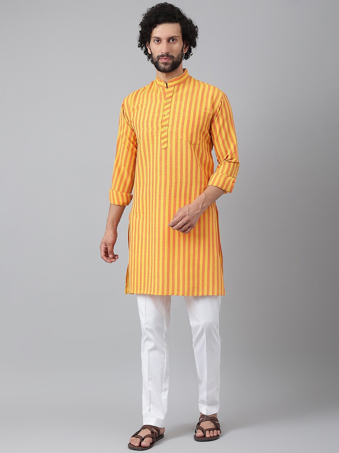 

RIAG Men Yellow Striped Kurta with Pyjamas