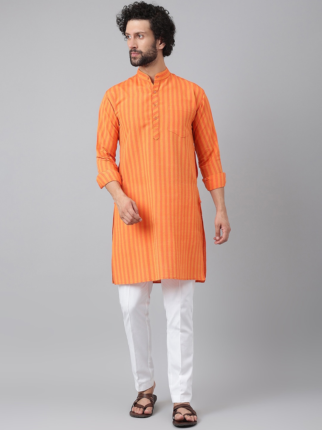 

RIAG Men Striped Kurta with Pyjamas, Orange